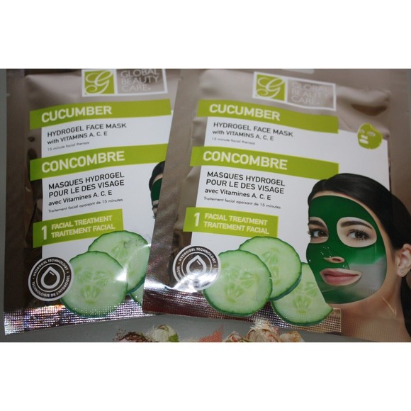 2 Cucumber Hydrogel Facial Masks with Vitamins A, C, E Global Beauty Care New - Picture 2 of 4